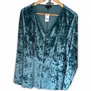 Lane Bryant blouse long sleeve NEW 18 20 Teal Crushed Velvet
